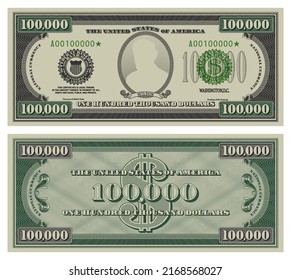 Vector one hundred thousand dollars banknote. Gray obverse and green reverse fictional US paper money in style of vintage american cash. Frame with guilloche mesh and bank seals. Wilson