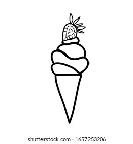 Vector one ice cream. Summer illustration of dessert doodle black line. Design for menu, packaging, wrapping paper, web, coloring, postcards, social media, poster, banner, polygraphy.