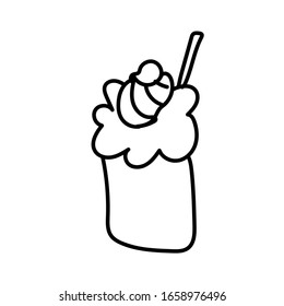 Vector one ice cream. Summer illustration of dessert doodle black line. 