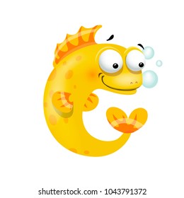 Vector one letter C of sea cartoon alphabet isolated on white background.