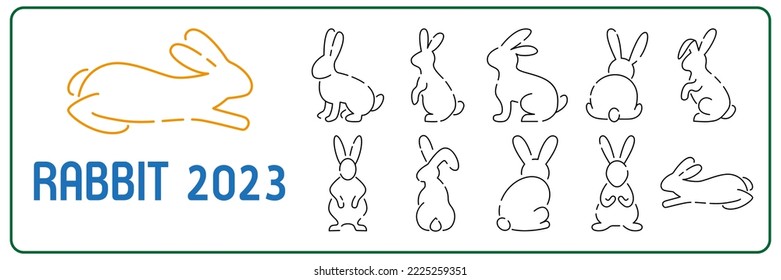 Vector one line 2023 happy new year icon with rabbit. Chinese horoscope celebration card. Animal theme icon set vector bunny 