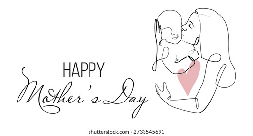 Vector one line art banner with illustration of a new born baby and mother holding a new born baby with pink heart. Lineart family portret