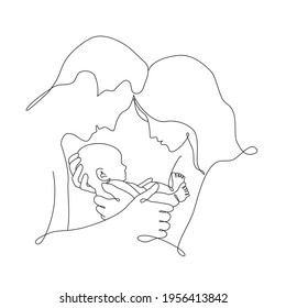 Vector one line art illustration of family portret. Lineart mother, father and holding a new born baby