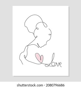 Vector one line art illustration of a lovers. A man hugs a woman in line art style for Valentines Day card