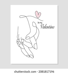 Vector one line art illustration of a lovers hand holding hand. A man hugs a woman in line art style for Valentines Day card