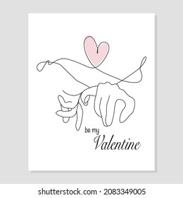 Vector one line art illustration of a lovers hand holding hand. A man hugs a woman in line art style for Valentines Day card
