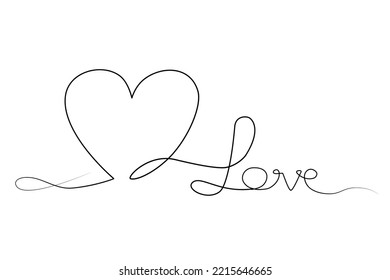 Vector one line art illustration of a word love. Heart in line art style for Valentines Day card