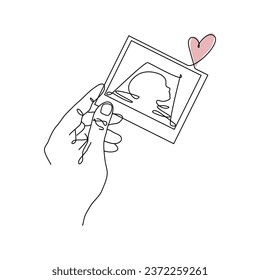 Vector one line art illustration of mother's hands holding a Fetal ultrasound. Lineart family portret of new born baby