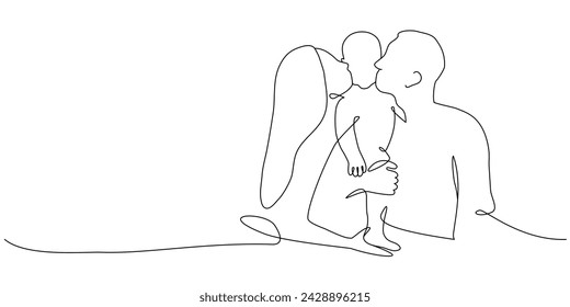 Vector one line art illustration of family portret. Lineart mother and father a toddler	