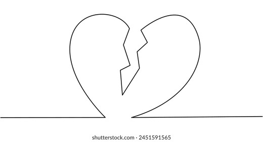 Vector one line art illustration of a broken heart