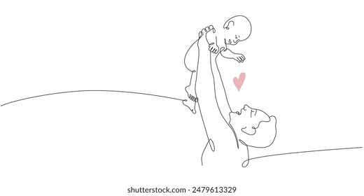 Vector one line art illustration of a new born baby and father. Father holding a baby. Lineart family portret for father's day