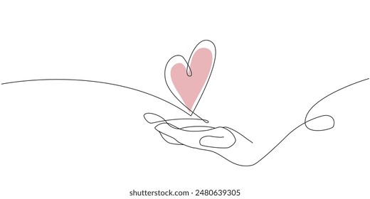 Vector de una línea ilustración de arte de una mano y el corazón. Mano sosteniendo un corazón en línea estilo de arte para tarjeta de San Valentín	