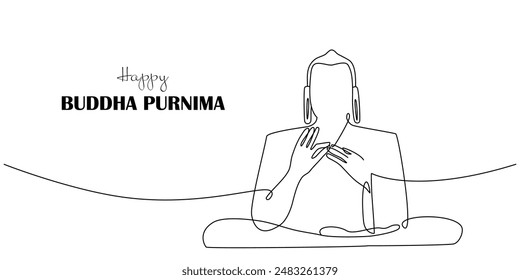 Vector one line art illustration of  buddha silhouette for Buddha Purnima on blue background. One continuous line drawn Buddha statue