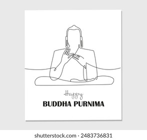 Vector one line art illustration of buddha silhouette for Buddha Purnima on white background. One continuous line drawn Buddha statue