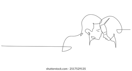 Vector one line art illustration of a lovers. Man and woman in love in oneline art style for Valentines Day card	