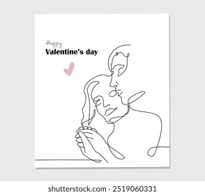 Vector one line art illustration of a lovers. Man and woman in love in oneline art style for Valentines Day card