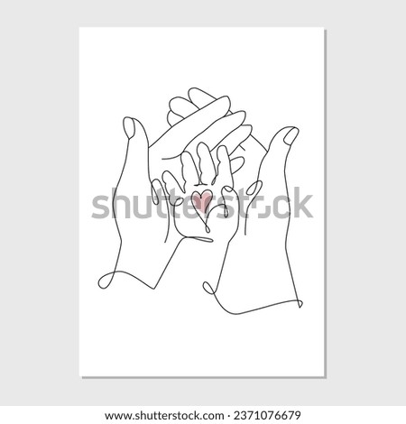 Vector one line art illustration of hands of mother and father holding a new born baby hand. Lineart family portret