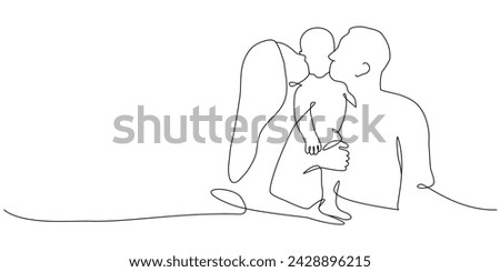 Vector one line art illustration of family portret. Lineart mother and father a toddler	