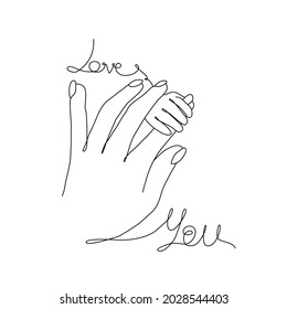 Vector one line art illustrations of a new born baby  and mother's hands. Lineart family portret