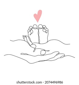 Vector one line art illustrations of a new born baby heels and mother holding a new born baby. Lineart family portret. One line hand with heart