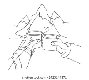 Vector one line art illustrations of a hands holding mugs of tea against the background of mountains, couple in love