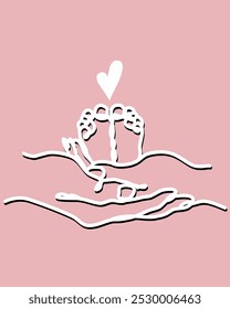 Vector one line art illustrations of a new born baby heels, mother and father holding a new born baby on pink background