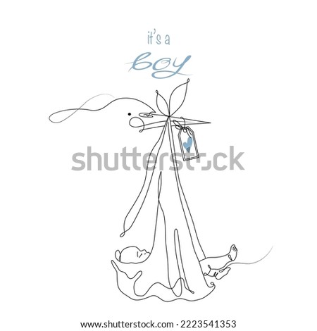 Vector one line art illustrations of strok with a new born baby for postcard or baby shower card. It's a boy