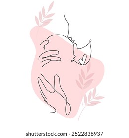 Vector one line art mother holding a new born baby with heart. Continuous line drawing of a new born baby with pink background