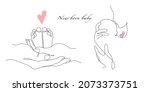 Vector one line art set of illustrations of a new born baby heels and mother holding a new born baby. Lineart family portret