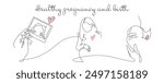Vector one line art set of stages of halthy pregnancy and birth. One continuous line drawing of hands holding a Fetal ultrasound, pregnancy woman and mother holding a new born baby