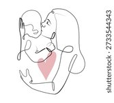 Vector one line art set of illustrations of a new born baby and mother holding a new born baby with pink heart. Lineart family portret