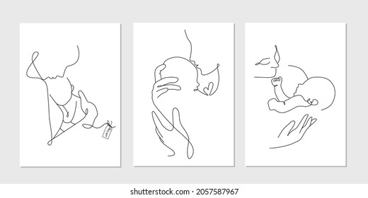 Vector one line art set of illustrations of a new born baby and mother holding a new born baby. Lineart family portret