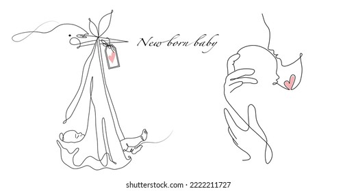 Vector one line art set of illustrations of stork with a new born baby and mother holding a new born baby. Lineart family portret