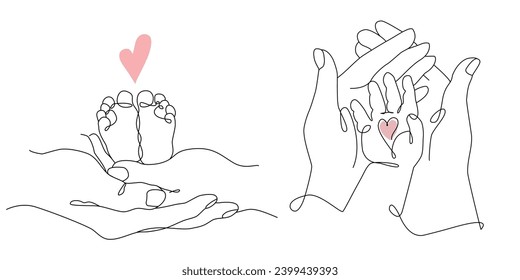 Vector one line art set of illustrations of mother and father holding a new born baby heels and hands in Lineart style