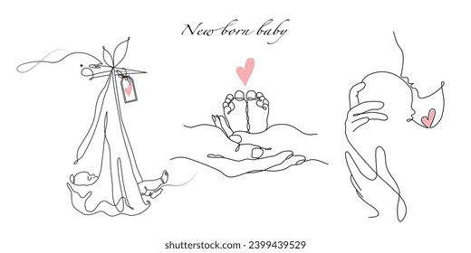 Vector one line art set of illustrations of a stork, a new born baby heels and mother holding a new born baby in Lineart style