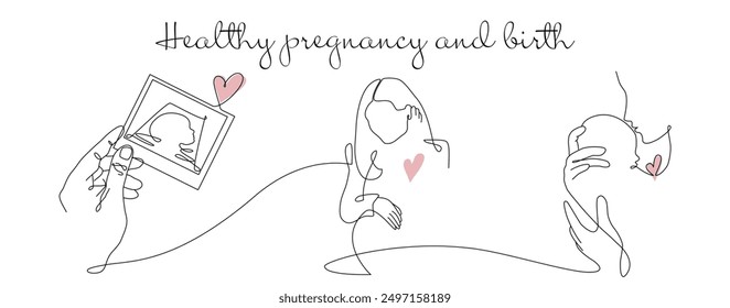 Vector one line art set of stages of halthy pregnancy and birth. One continuous line drawing of hands holding a Fetal ultrasound, pregnancy woman and mother holding a new born baby