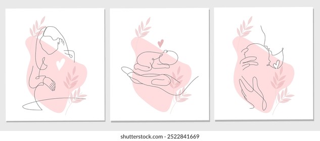 Vector one line art set of illustrations of a new born baby and mother holding a new born baby.