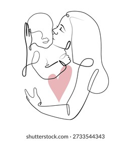 Vector one line art set of illustrations of a new born baby and mother holding a new born baby with pink heart. Lineart family portret