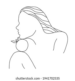 Vector one line art silhouette of a woman with orange isolated on white background for postcard, logo, for the design of a room, for invitations, greeting cards, business card
