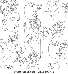 Vector de una línea de cara de mujer en blanco y negro sin patrón, retratos de arte femenino con flores y hojas monolinas, fondo minimalista de belleza, ilustración