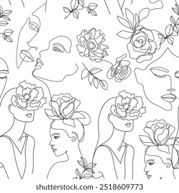 Vector de una línea de cara de mujer en blanco y negro sin patrón, retratos de arte femenino con flores y hojas monolinas, fondo minimalista de belleza, ilustración