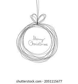 Vector one line Christmas card with doodled ball. Hand drawn invitation in kid's style, greeting holiday card. Holiday art linear illustration.