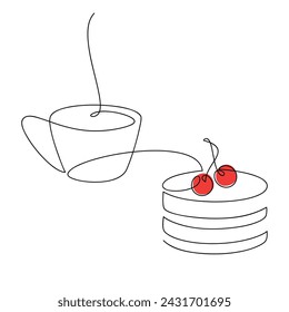 Vector one line continuous drawing. Hand drawn coffee cup, cake, cherry muffin cupcake. Food illustration. Dessert icon, print, banner, card, bakery shop logo, sign, symbol, menu, wall art poster.