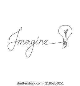 Vector one line continuous word Imagine with light bulb drawing. Hand written calligraphy phrase illustration. Modern lettering, text design for print, banner, wall art poster, card, logo.