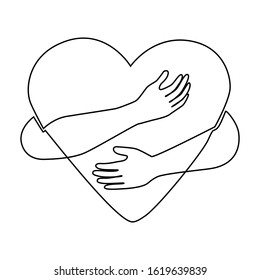 Vector one line drawing abstract hands holding heart. Romantic love illustration for valentine's day