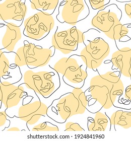Vector one line drawing abstract face on peach texture seamless pattern background. Good use for fabric, textile, wallpaper etc.