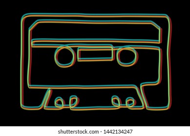 Vector one line drawing, audio cassette isolated on black background.