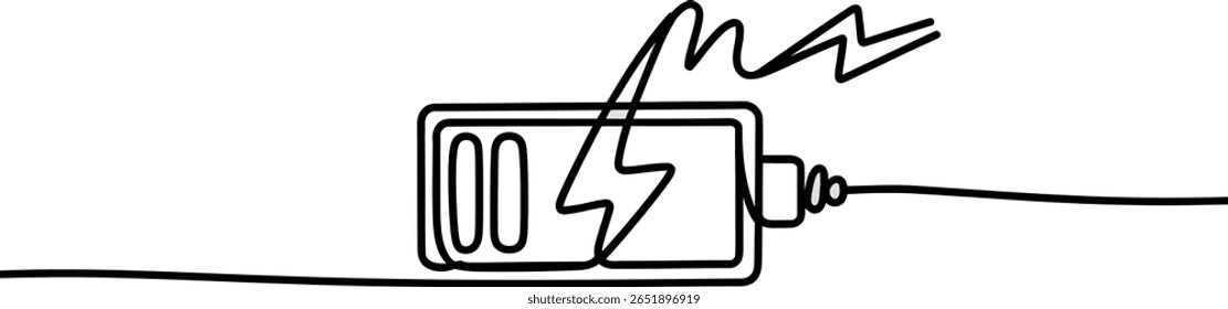 Vector One Line Drawing of Battery Charging with Electric Current and Energy Symbol – Continuous Line Style