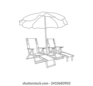 Vector one line drawing beach umbrella chair for summer holiday concept