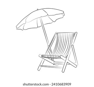Vector one line drawing beach umbrella chair for summer holiday concept